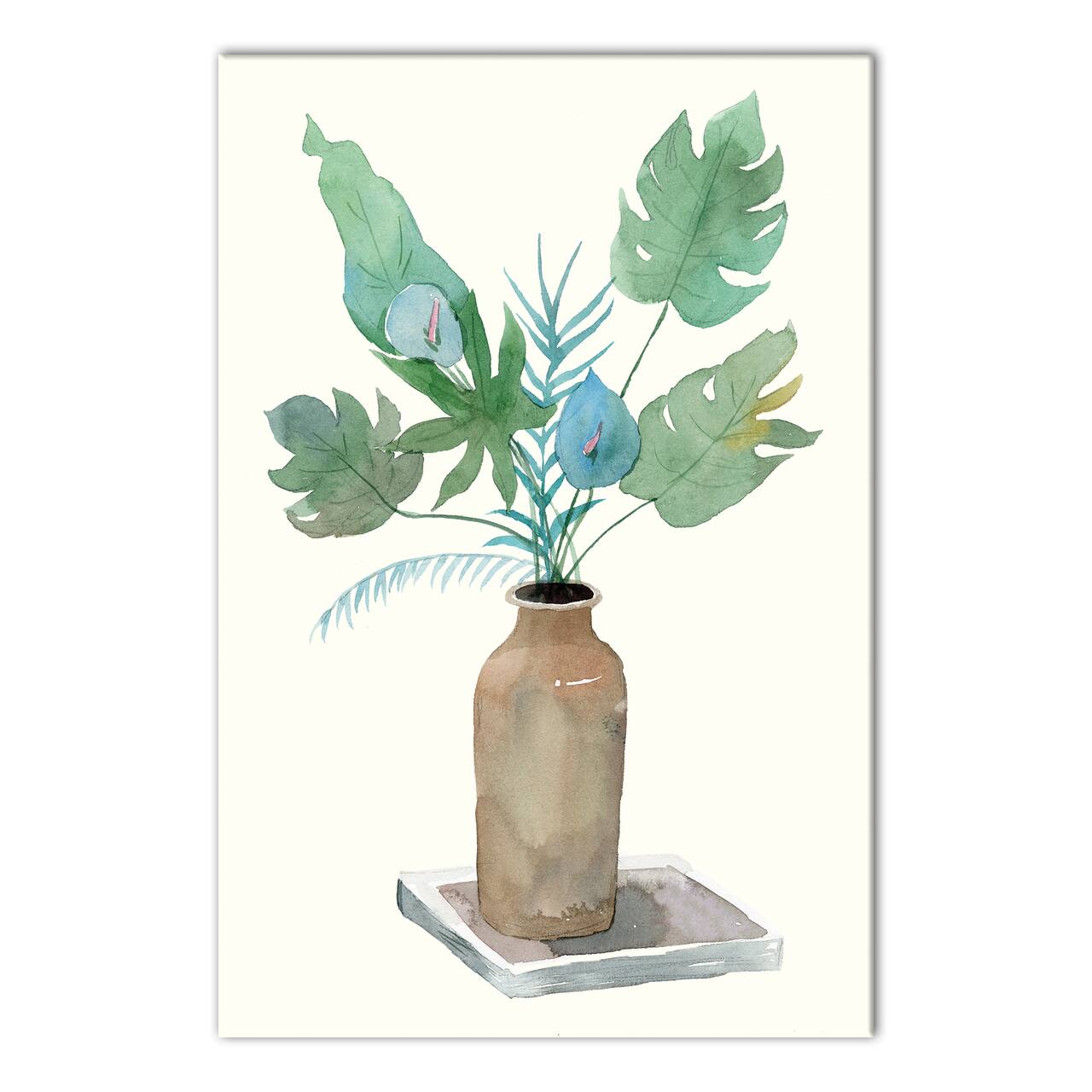 Brown Vase Tropical Leaves 12" x 18" Canvas Wall Art